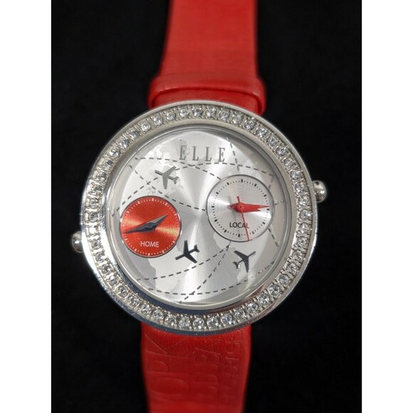 Elle Womens Dual Time Watch Airplane Travel Crystal Accent Red Leather Band - Picture 3 of 15